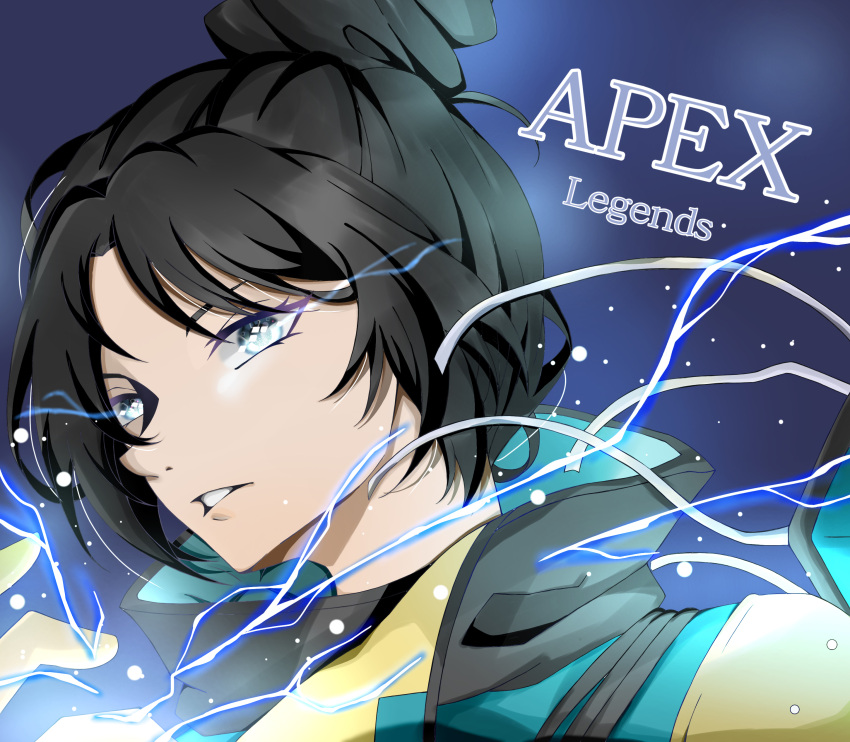 1girl, absurdres, animification, apex_legends, black_hair, blue_background, blue_bodysuit, bodysuit