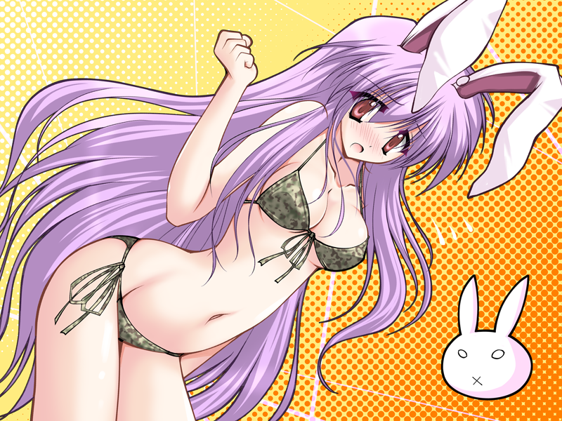 1girl, bangs, bare_thighs, bikini, breasts, bunny_ears, camouflage, camouflage_bikini