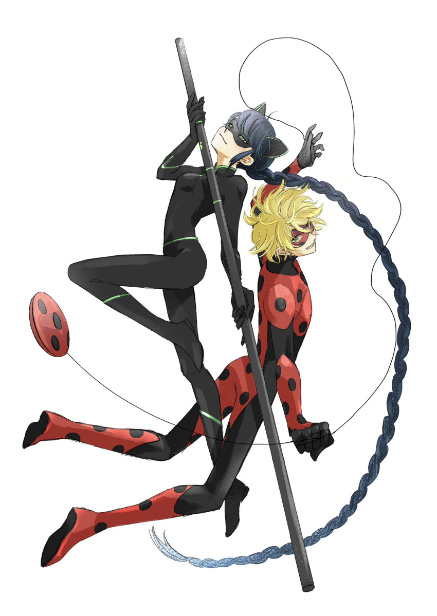 1boy, 1girl, adrien_agreste, animal_ears, black_bodysuit, black_hair, black_mask, blonde_hair