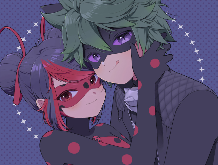 1boy, 1girl, adrien_agreste, animal_ears, black_bodysuit, black_mask, blue_background, bodysuit