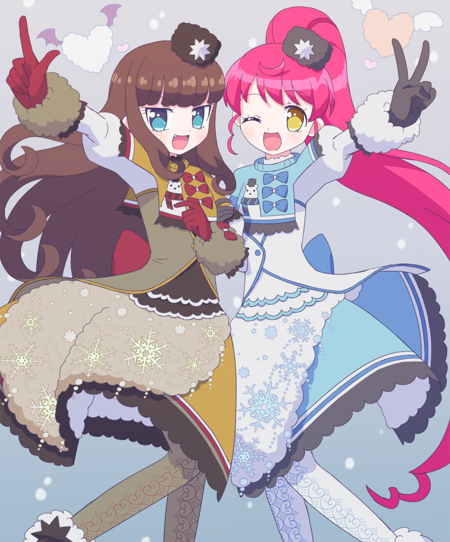 2girls, :d, ;d, arm_up, blue_coat, blue_eyes, brown_coat, brown_gloves