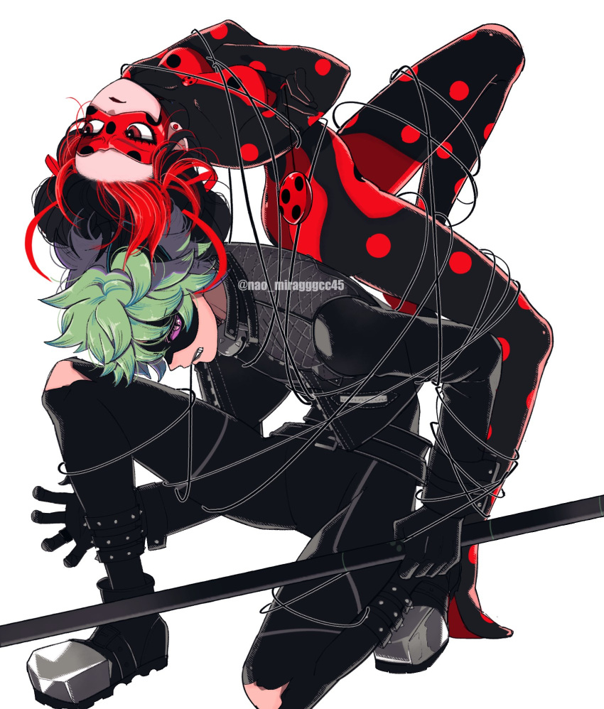 1boy, 1girl, adrien_agreste, angry, animal_ears, black_bodysuit, black_hair, black_mask