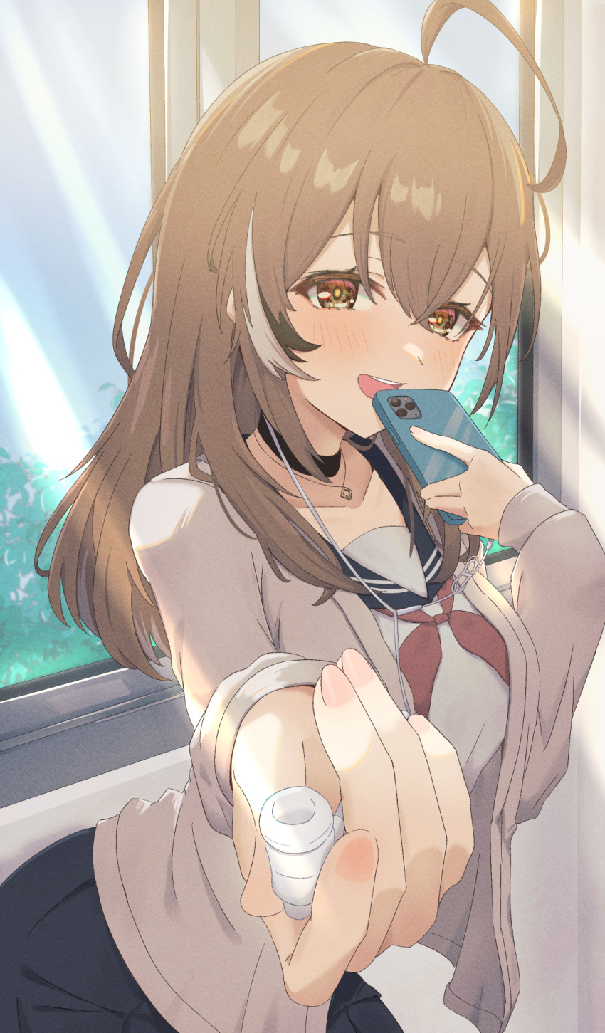 1girl, ahoge, alternate_costume, black_choker, black_hair, black_skirt, blush, brown_hair