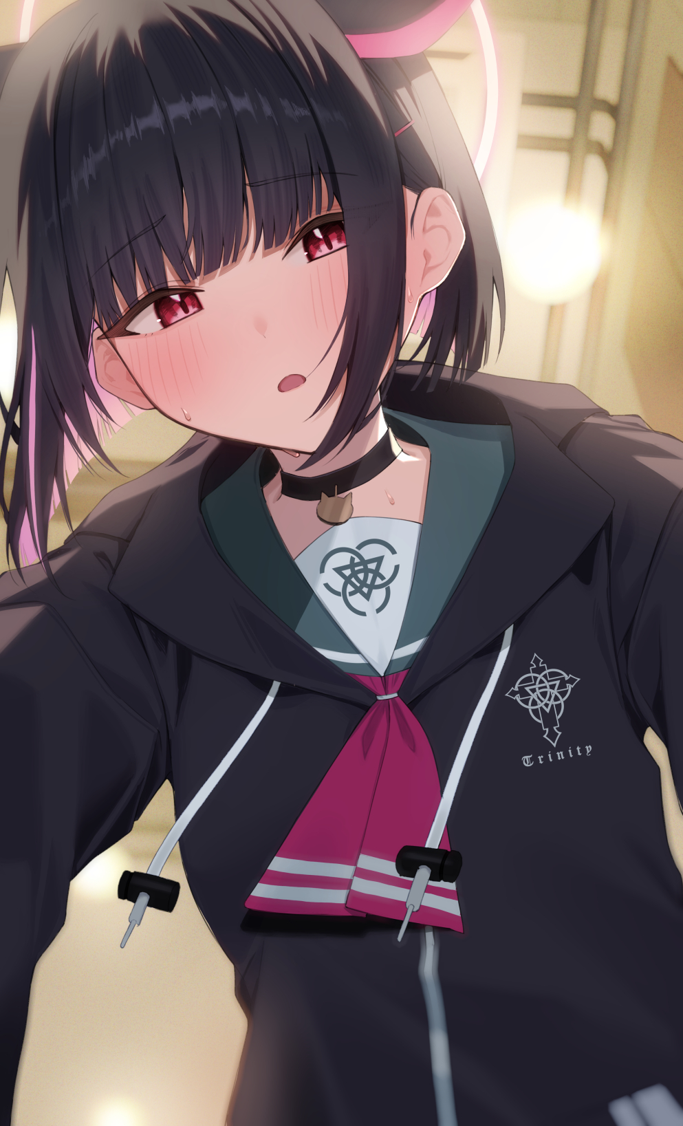 1girl, animal_ears, black_choker, black_hair, black_jacket, blue_archive, blunt_bangs, blurry