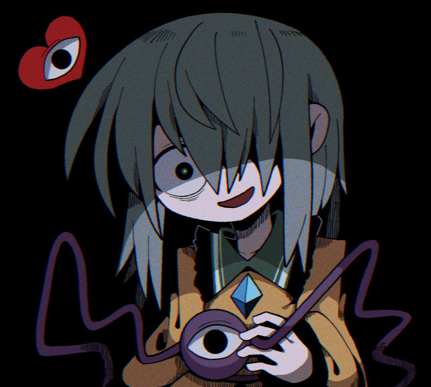 1girl, bags_under_eyes, black_background, bright_pupils, collar, crazy_smile, dress, frilled_collar