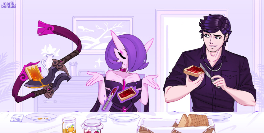 1boy, 1girl, alternate_color, alternate_shiny_pokemon, artist_name, bare_shoulders, black_dress, black_hair