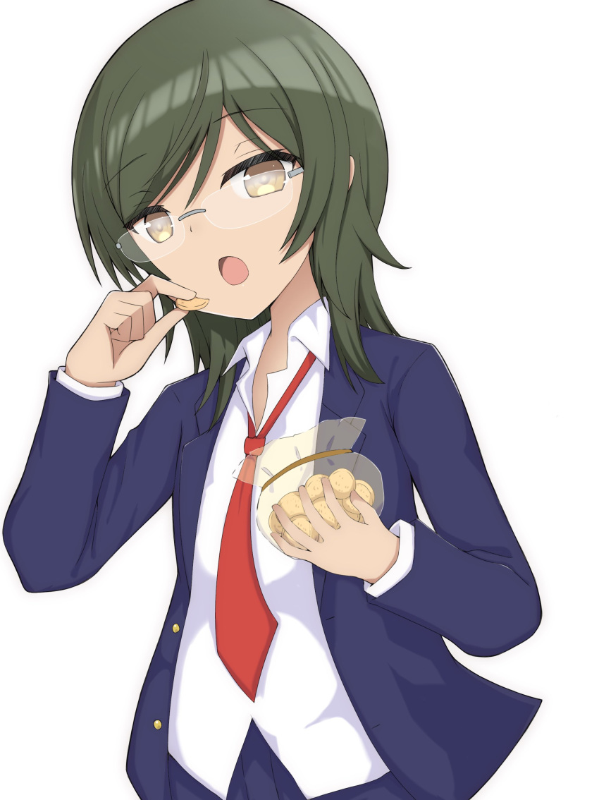 1girl, absurdres, bag, black_hair, blue_jacket, brown_eyes, collared_shirt, dress_shirt