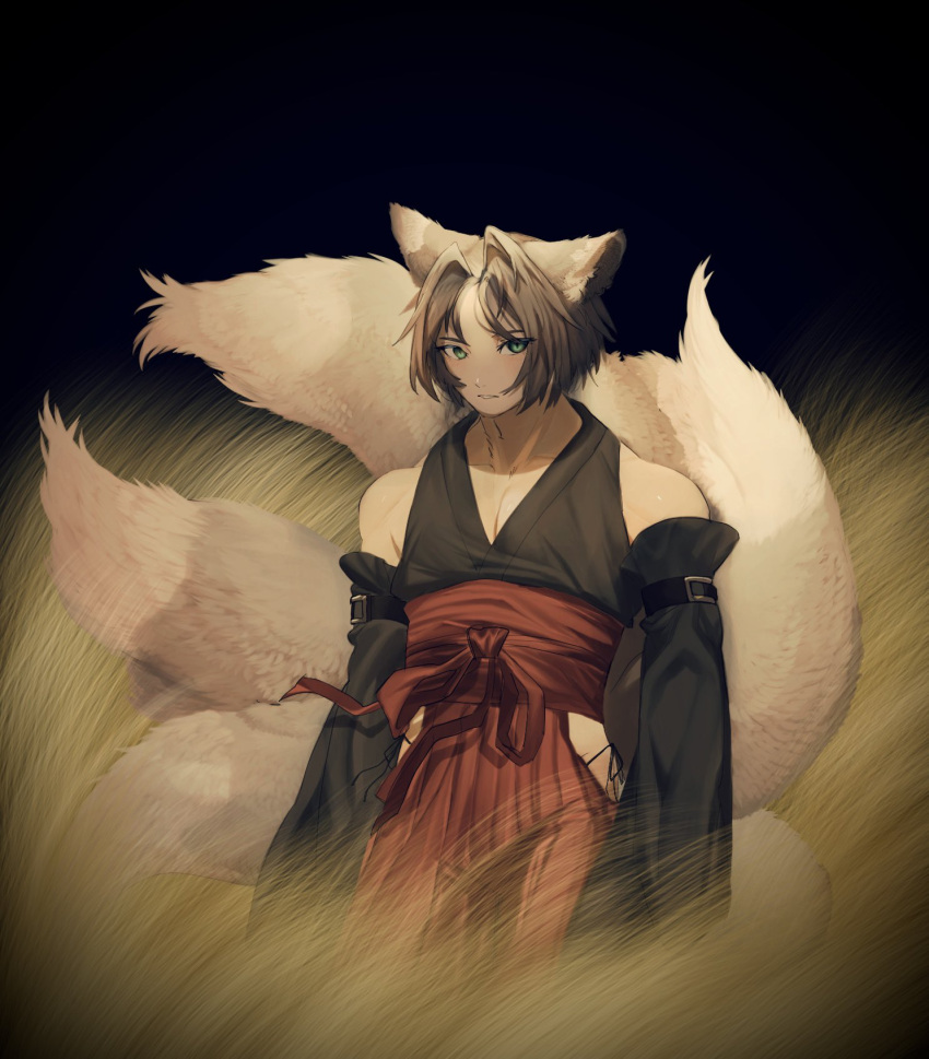 1boy, aged_down, alternate_costume, alternate_universe, animal_ears, arm_strap, black_kimono, detached_sleeves