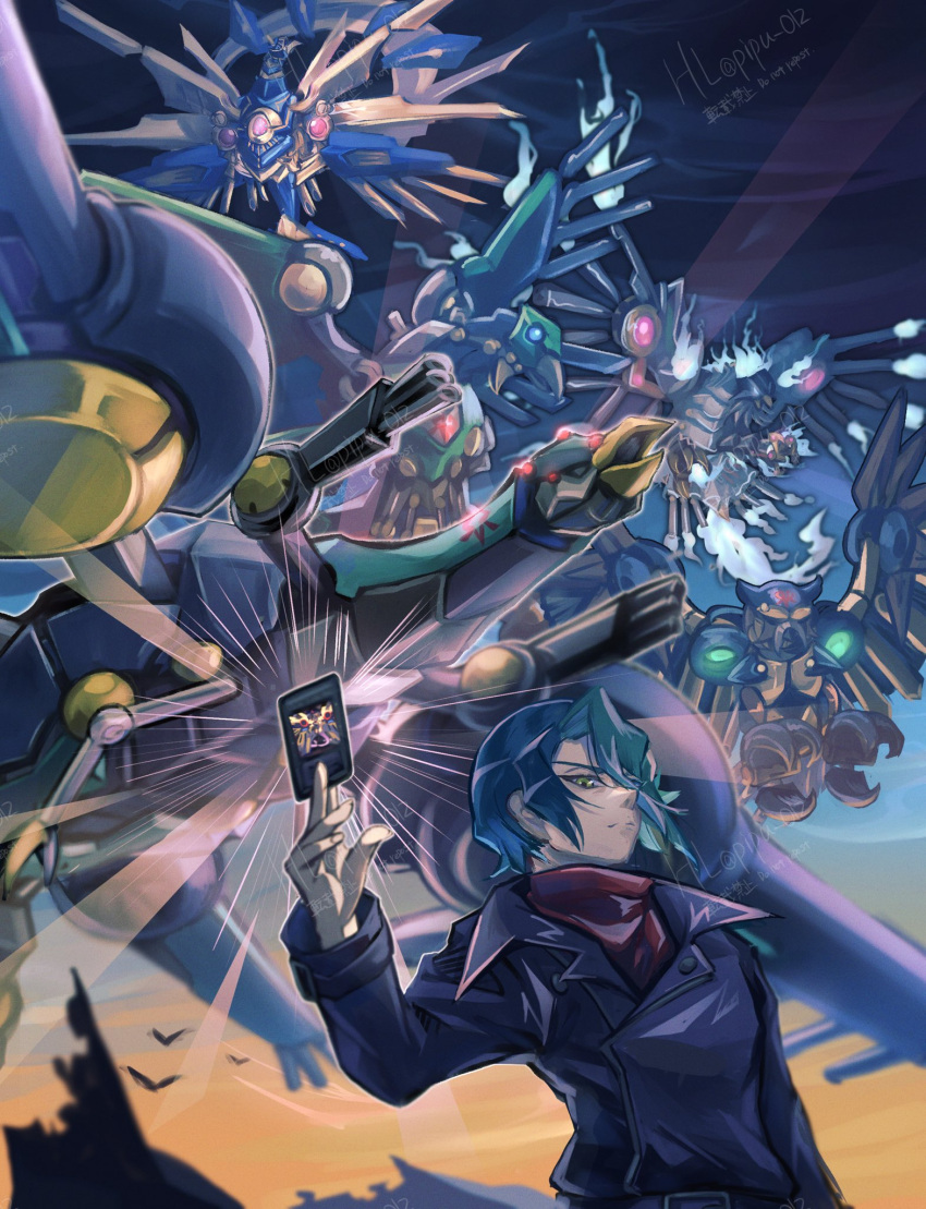 1boy, bandana, bird, blue_hair, card, coat, glowing, green_hair, hair_over_one_eye, highres, holding, holding_card, kurosaki_shun, mecha, mechanical_wings, orange_sky, pipu_012, purple_coat, raidraptor_-_blaze_falcon, raidraptor_-_force_strix, raidraptor_-_rise_falcon, raidraptor_-_ultimate_falcon, raidraptor_-_vanishing_lanius, red_bandana, robot, sky, sunset, upper_body, wings, yellow_eyes, yu-gi-oh!, yu-gi-oh!_arc-v