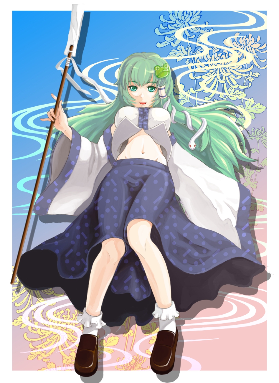 detached_sleeves, frog, gohei, green_eyes, green_hair, hair_ornament, highres, kochiya_sanae