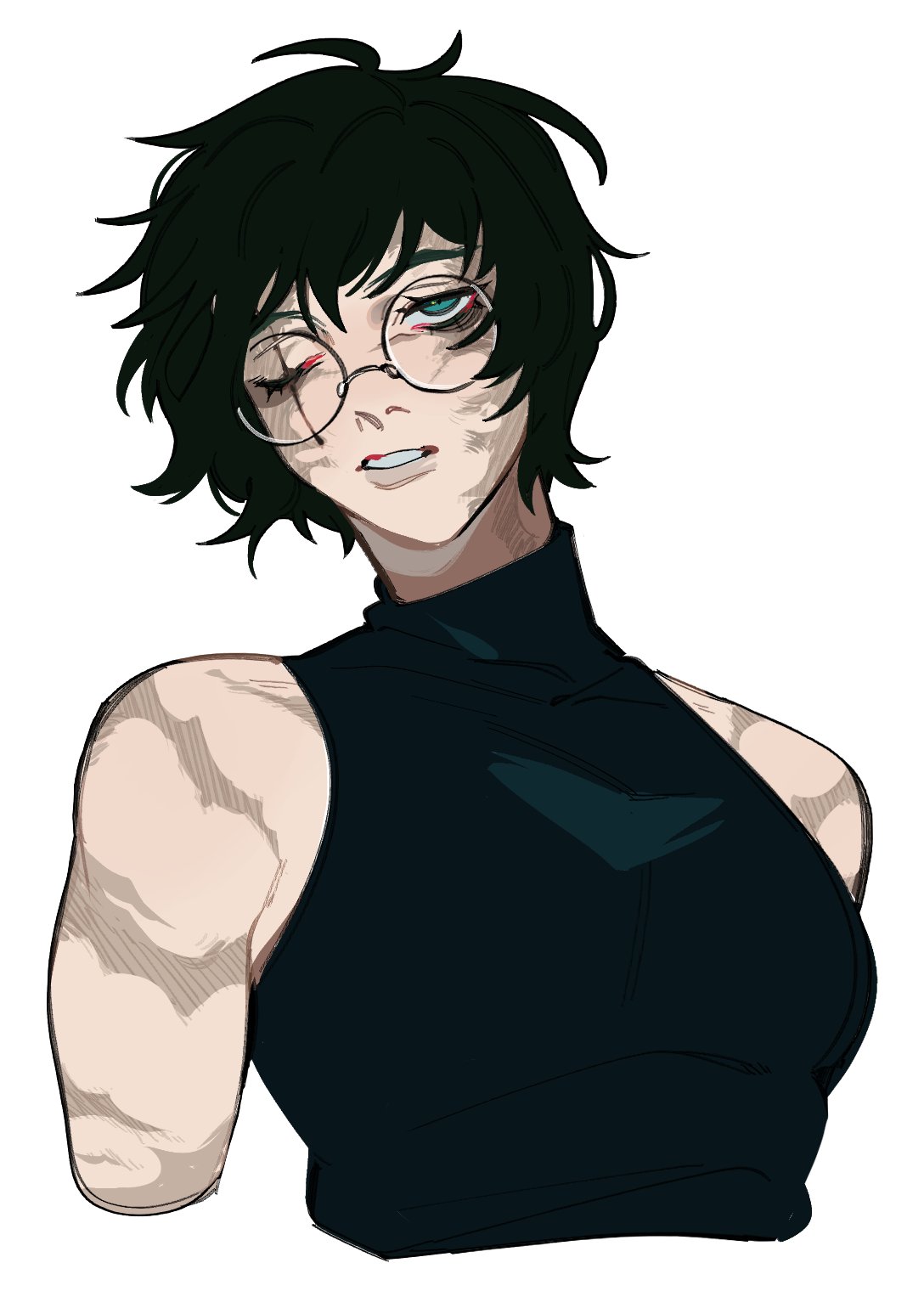 1girl, bare_arms, black_hair, black_shirt, blue_eyes, burn_scar, glasses, highres, jujutsu_kaisen, muscular, muscular_female, one_eye_closed, parted_lips, porqueloin, round_eyewear, scar, scar_across_eye, shirt, short_hair, simple_background, sleeveless, sleeveless_shirt, solo, teeth, too_many, too_many_scars, turtleneck, upper_body, white_background, zen'in_maki