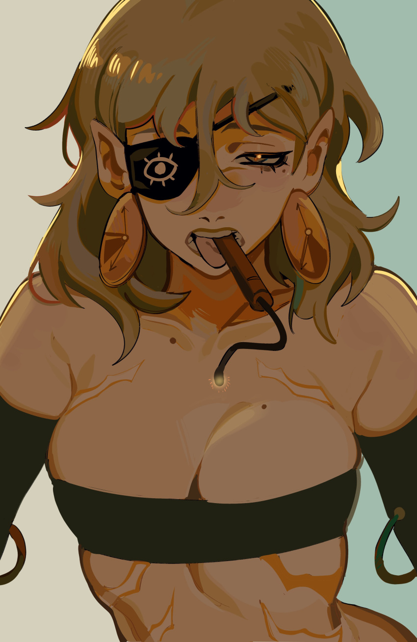 1girl, absurdres, bandeau, black_bandeau, blonde_hair, breasts, brown_eyes, clenched_teeth