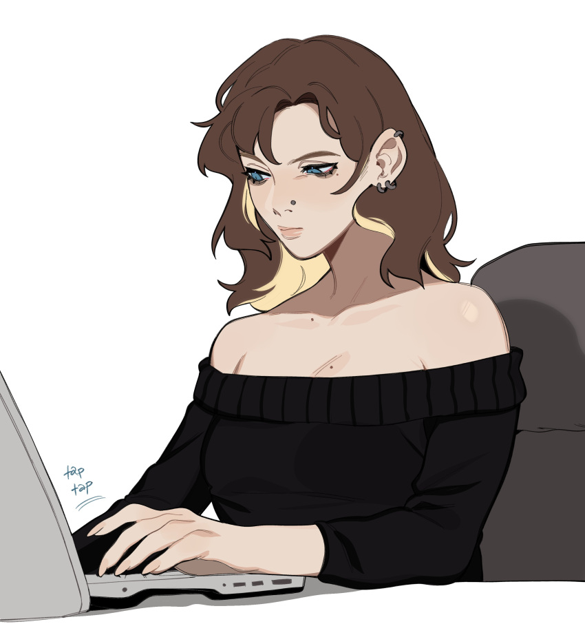 1girl, absurdres, black_sweater, blonde_hair, blue_eyes, breasts, brown_hair, chair