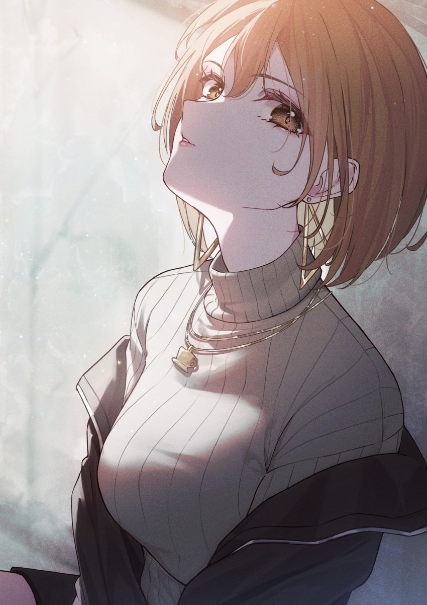 1girl, black_jacket, blurry, brown_hair, depth_of_field, earrings, english_commentary, gold_necklace