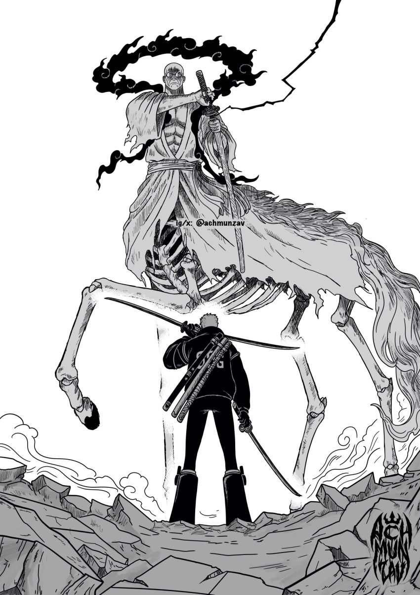 2boys, achmunzav, alternate_form, artist_logo, bakotsu_(youkai), bald, black_fire, black_footwear, black_jacket, black_leggings, centaur, ethan-baron_v._nusjuro, fire, from_behind, frown, glasses, highres, holding, holding_sword, holding_weapon, jacket, leggings, looking_down, male_focus, monochrome, monster_boy, multiple_boys, muscular, muscular_male, one_piece, robe, roronoa_zoro, rubble, sheath, short_hair, size_difference, skeleton, spoilers, sword, taur, torn_clothes, unsheathing, weapon, white_robe