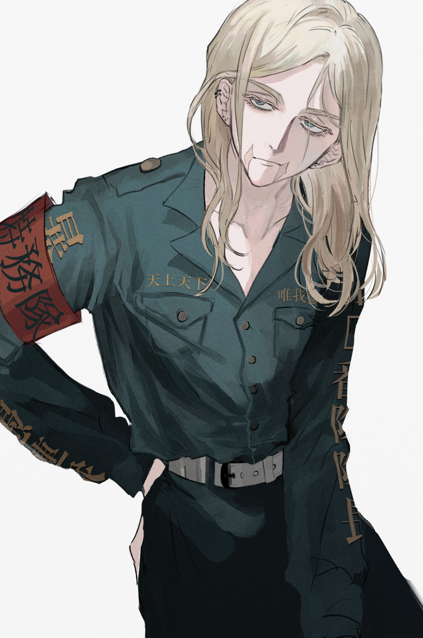1boy, armband, belt, black_shirt, blonde_hair, ear_piercing, green_eyes, hand_on_own_hip, highres, leaning_forward, long_hair, looking_to_the_side, male_focus, nyub, piercing, sanzu_haruchiyo, scar, scar_on_face, shirt, solo, tokyo_revengers, upper_body