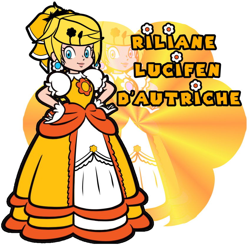 1girl, absurdres, aku_no_musume_(vocaloid), aqua_eyes, blonde_hair, blue_eyes, bow, crossover, dress, dress_ribbon, earrings, evillious_nendaiki, flower_earrings, frilled_gloves, frills, gloves, hair_bow, hair_ornament, hairclip, hands_on_own_hips, high_ponytail, highres, jewelry, kagamine_rin, looking_at_viewer, orange_ribbon, parody, petticoat, puffy_short_sleeves, puffy_sleeves, punkish, ribbon, riliane_lucifen_d'autriche, short_sleeves, smile, solo, style_parody, super_mario_bros., swept_bangs, updo, vocaloid, white_gloves, white_sleeves, yellow_bow, yellow_dress