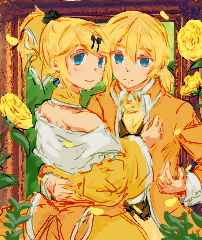1boy, 1girl, aku_no_meshitsukai_(vocaloid), aku_no_musume_(vocaloid), allen_avadonia, ascot, bare_shoulders, blonde_hair