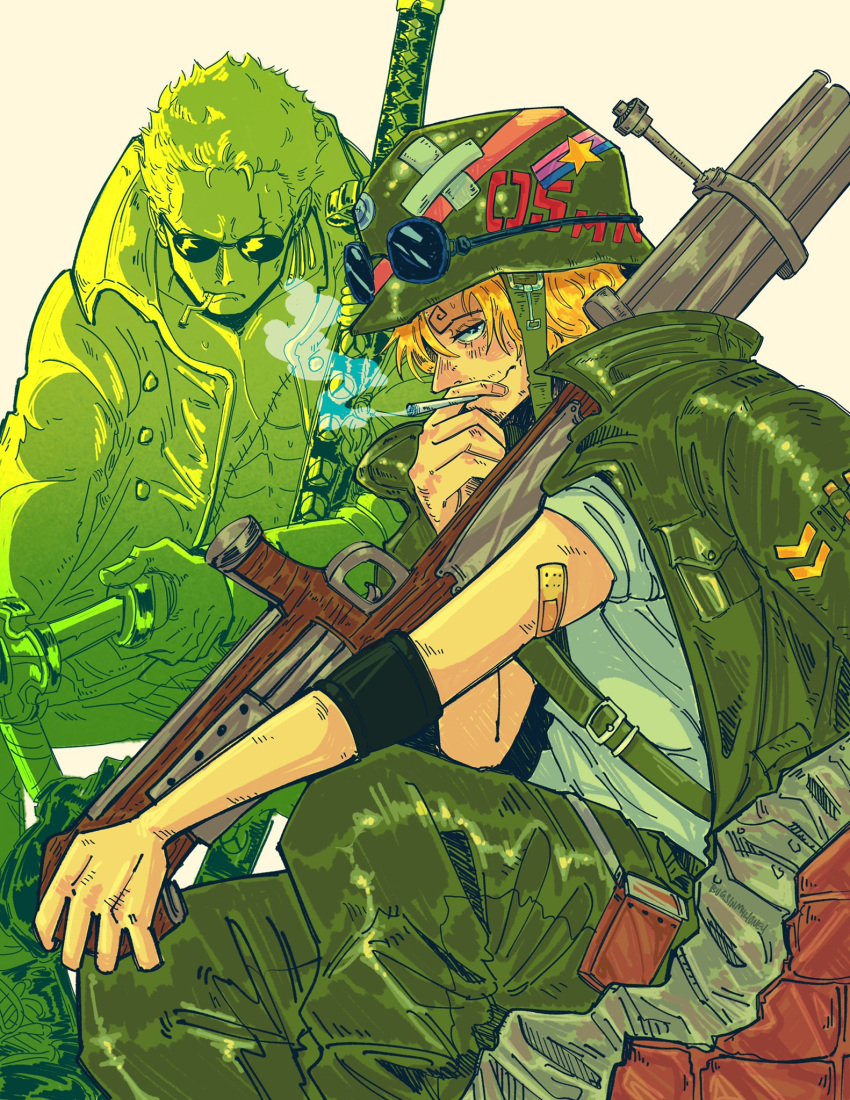 2boys, bandaid, bandaid_on_arm, blonde_hair, bugsinmyhoney, cigarette, coat, coat_on_shoulders