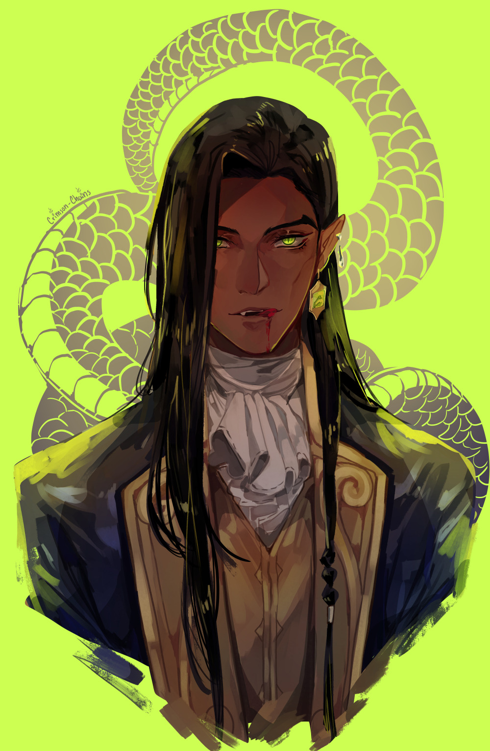 1boy, blood, blood_from_mouth, brown_hair, castlevania:_nocturne, castlevania_(series), crimson-chains, cropped_torso, dark-skinned_male, dark_skin, earrings, glowing, glowing_eyes, green_background, green_eyes, highres, jewelry, long_hair, looking_at_viewer, male_focus, mature_male, olrox, single_earring, slit_pupils, snake, solo, straight-on, thick_eyebrows, vampire, very_dark_skin