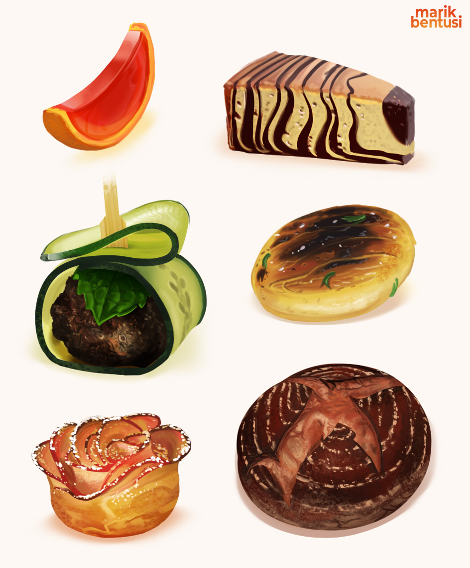 artist_name, cake, cake_slice, commentary_request, cucumber, cucumber_slice, dumpling, english_commentary, food, food_focus, marik_bentusi, meatball, mint, mixed-language_commentary, mushroom, no_humans, original, partial_commentary, simple_background, still_life, tart_(food), watermark, white_background