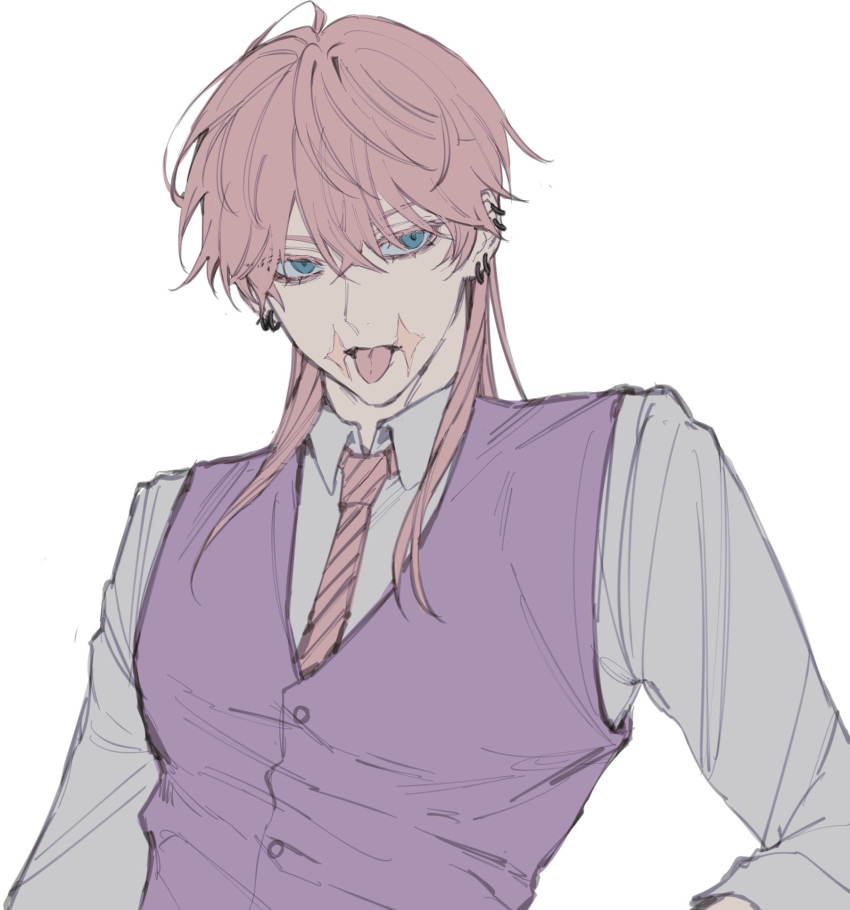 1boy, blue_eyes, dulcedeleche124, ear_piercing, highres, looking_to_the_side, male_focus, messy_hair, necktie, parted_lips, piercing, pink_hair, sanzu_haruchiyo, scar, scar_on_face, shirt, solo, suit, tokyo_revengers, tongue, tongue_out, vest, wolf_cut