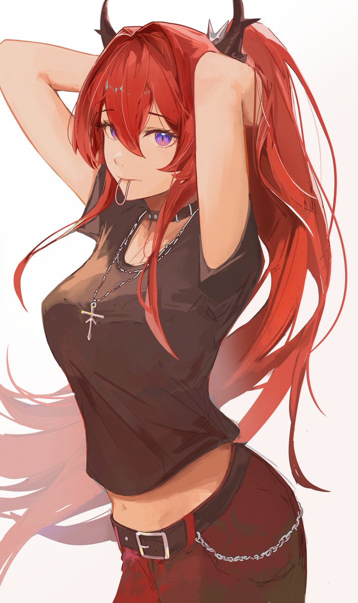 1girl, adjusting_hair, arknights, arms_behind_head, belt, black_belt, black_collar, black_shirt