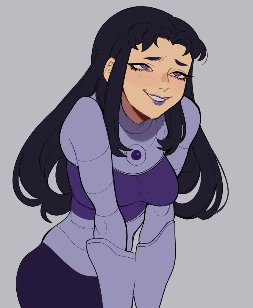 1girl, absurdres, black_hair, blackfire, bodysuit, breasts, dc_comics, grey_background