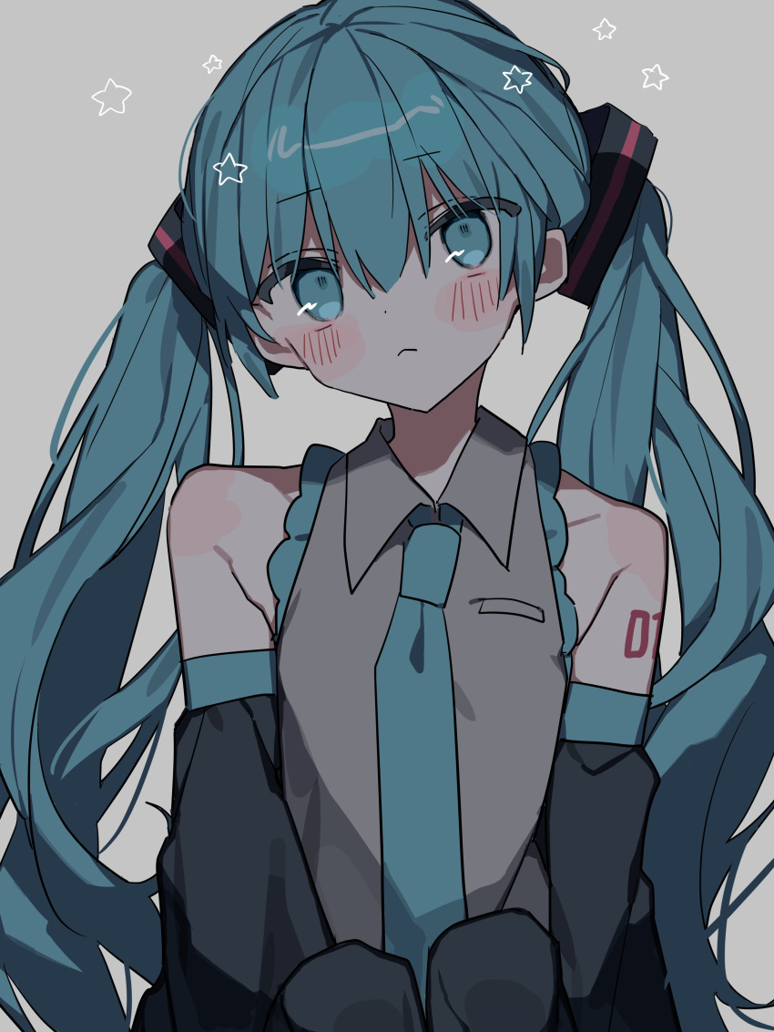 1girl, :<, absurdres, ameno_(motiizamurai), armpit_crease, bare_shoulders, black_sleeves, blue_eyes, blue_hair, blue_necktie, blush, collarbone, collared_shirt, detached_sleeves, frilled_shirt, frills, grey_background, grey_shirt, hatsune_miku, head_tilt, highres, long_hair, looking_at_viewer, necktie, number_tattoo, shirt, sidelocks, simple_background, sleeveless, sleeveless_shirt, solo, tattoo, twintails, upper_body, vocaloid