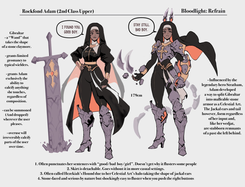 1girl, adam_(nyantcha), animal_ears, armor, black_gloves, bloodlight_(nyantcha), breastplate, character_name, character_profile, clenched_hand, commentary, dark-skinned_female, dark_skin, english_commentary, english_text, facial_mark, fake_animal_ears, fingerless_gloves, geokinesis, gloves, greatsword, habit, hand_on_own_hip, height, high_heels, highres, juliet_sleeves, long_sleeves, looking_at_viewer, multiple_views, nun, nyantcha, original, planted, planted_sword, puffy_sleeves, shoulder_armor, speech_bubble, sword, tail, weapon