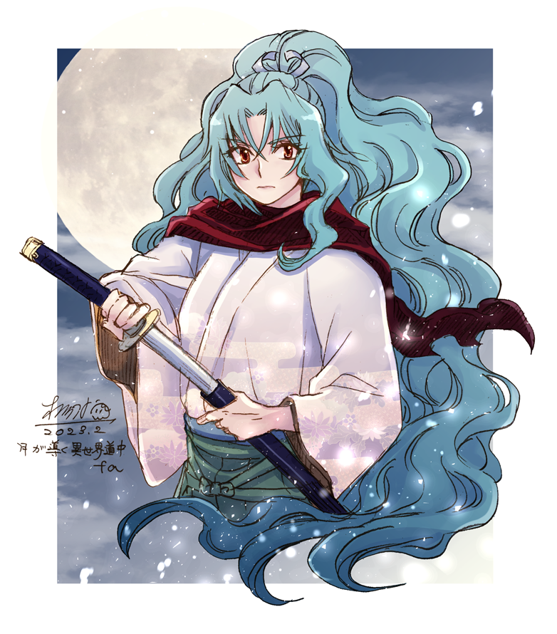 1girl, blue_hair, cape, clouds, cloudy_sky, cropped_legs, dated, flat_chest