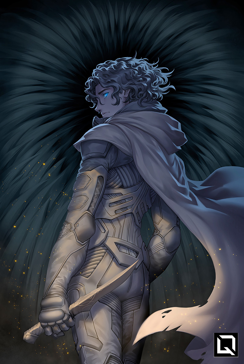 1boy, artist_logo, blue_eyes, cape, commentary, dune_(series), english_commentary, from_behind, holding, holding_knife, holding_weapon, knife, kuroi-tsuki, looking_at_viewer, male_focus, paul_atreides, profile, short_hair, sideways_glance, solo, stillsuit, wavy_hair, weapon