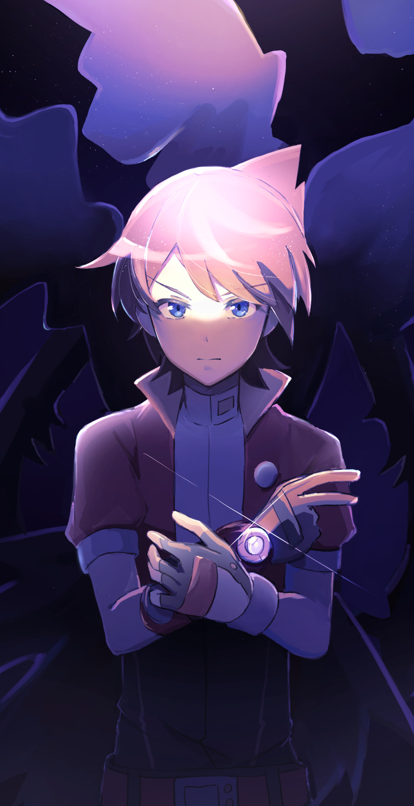 1boy, absurdres, blonde_hair, blue_eyes, closed_mouth, darkrai, glint, gloves