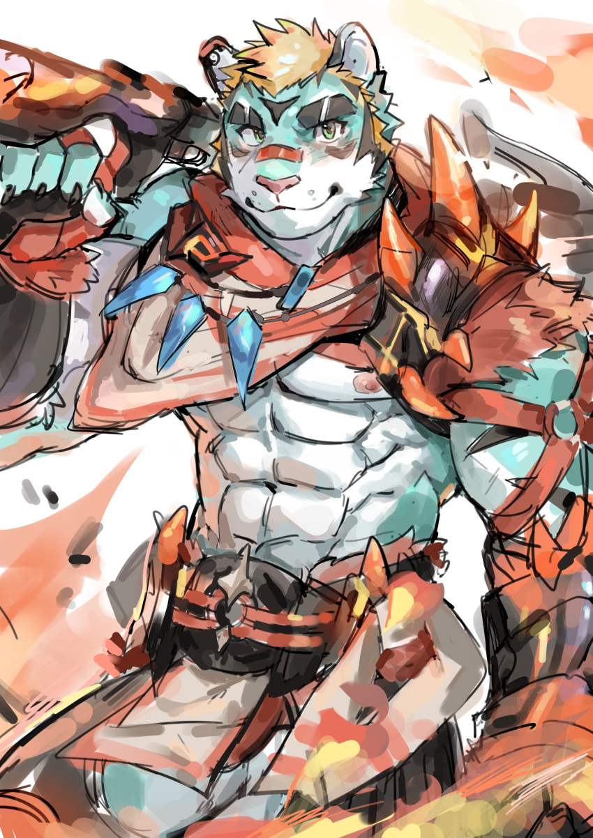 1boy, abs, absurdres, animal_ears, christory_yyb, claws, fingerless_gloves, furry