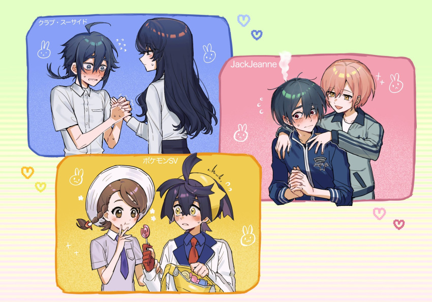 3boys, 3girls, :t, ahoge, black_hair, blue_shirt, blush, braid