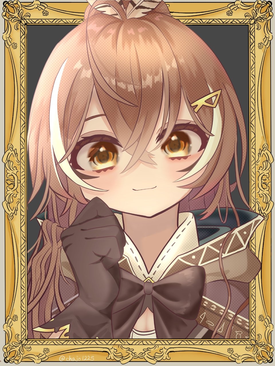 1girl, ahoge, black_bow, black_gloves, border, bow, brown_cloak, brown_hair, chajo1225, cloak, eyelashes, feather_hair_ornament, feathers, gloves, hair_between_eyes, hair_ornament, hairpin, highres, hololive, hololive_english, hood, hooded_cloak, long_hair, looking_at_viewer, multicolored_hair, nanashi_mumei, nanashi_mumei_(1st_costume), ornate_border, outside_border, picture_frame, portrait, smile, solo, streaked_hair, two-tone_hair, virtual_youtuber, white_hair, yellow_eyes