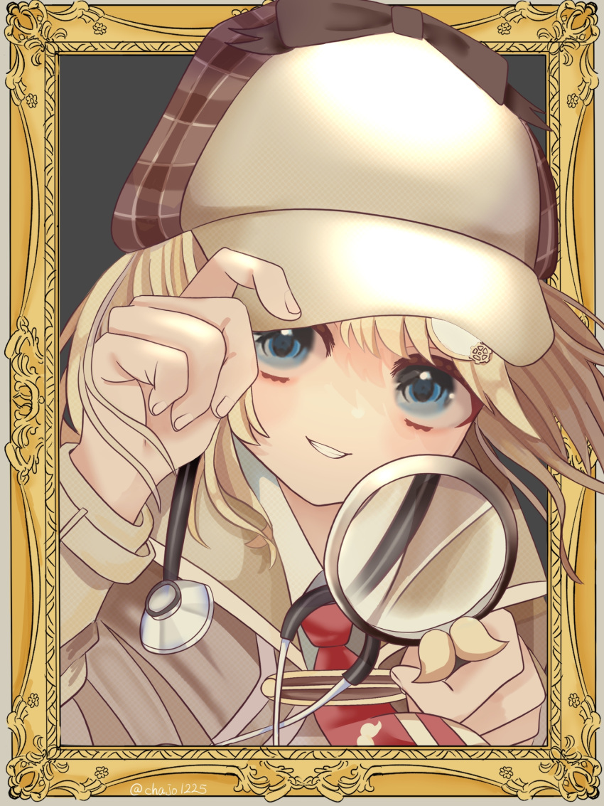 1girl, adjusting_clothes, adjusting_headwear, blonde_hair, blue_eyes, border, brown_coat, chajo1225