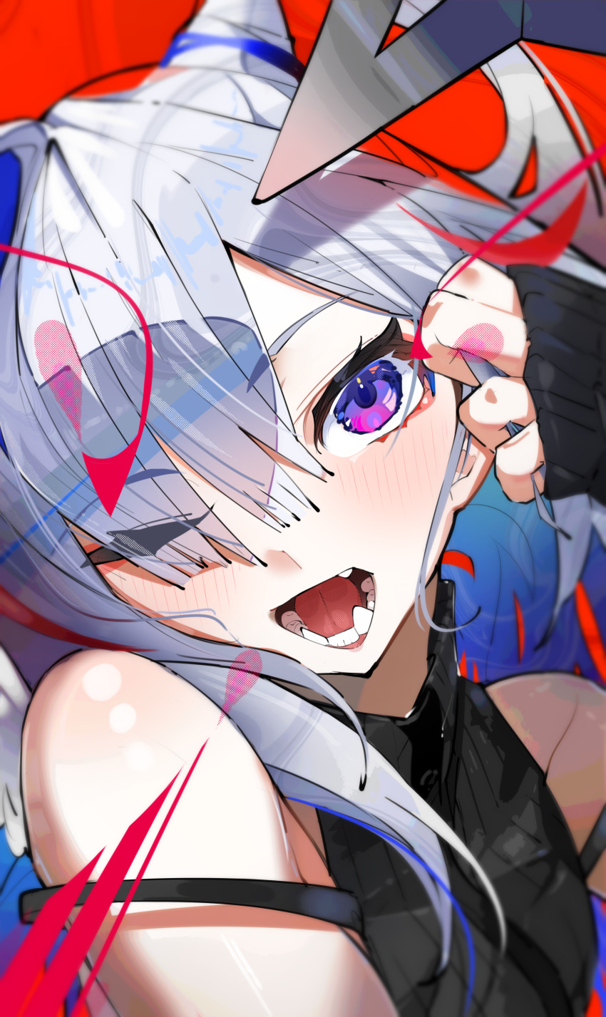 1girl, absurdres, alternate_costume, amane_kanata, black_sweater, blue_hair, colored_inner_hair, commentary_request, detached_sleeves, fangs, grey_hair, hair_over_one_eye, hair_over_shoulder, halo, highres, holding_own_hair, hololive, long_hair, looking_at_viewer, multicolored_hair, one_eye_closed, open_mouth, parted_bangs, red_background, sakusa_nn, single_hair_intake, sleeves_past_wrists, solo, star_halo, streaked_hair, sweater, teeth, turtleneck, turtleneck_sweater, violet_eyes, virtual_youtuber