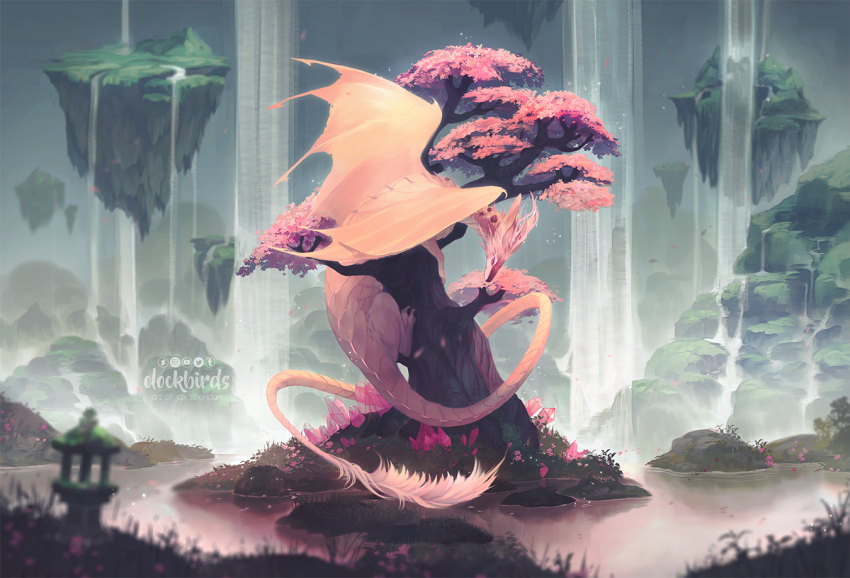 artist_name, cherry_blossoms, clockbirds, commentary, commission, dragon, dragon_horns, dragon_tail