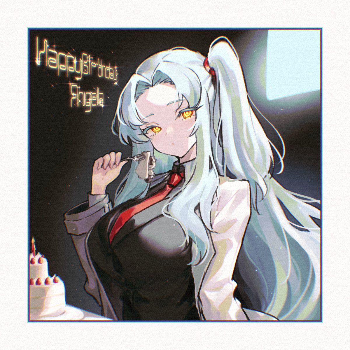 1girl, angela_(project_moon), birthday_cake, black_shirt, black_vest, blue_hair, breasts, cake, closed_mouth, coat, collared_shirt, food, fork, glowing, glowing_eyes, highres, holding, holding_fork, huge_breasts, lab_coat, lobotomy_corporation, long_hair, long_sleeves, looking_at_viewer, one_side_up, parted_bangs, project_moon, shirt, sidelocks, solo, very_long_hair, vest, white_coat, wing_collar, y0ru73, yellow_eyes