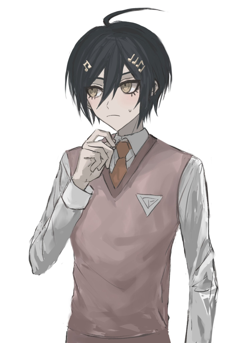 1boy, ahoge, akamatsu_kaede, akamatsu_kaede_(cosplay), black_hair, brown_necktie, closed_mouth, collared_shirt