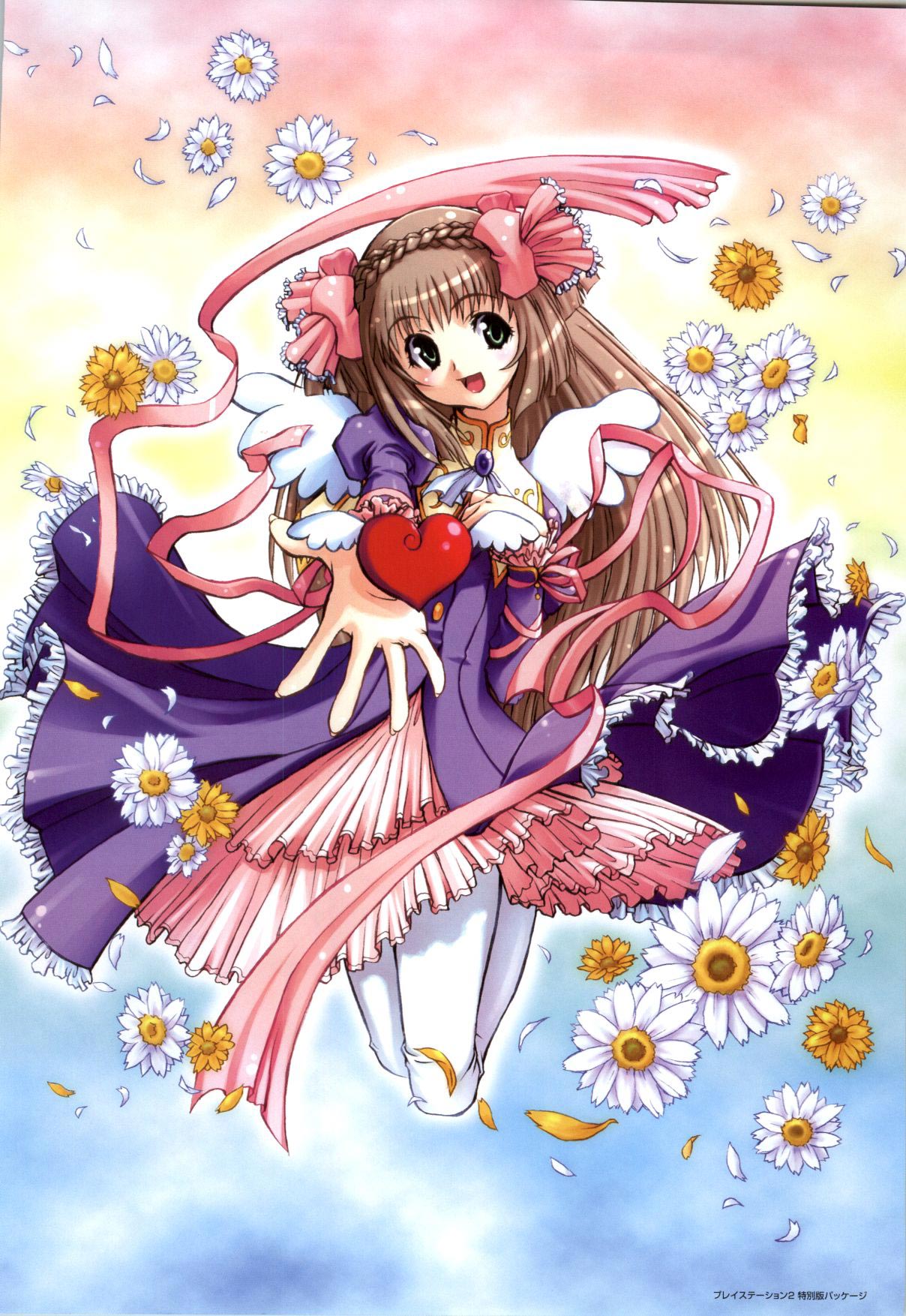 1girl, :d, angel_wings, ascot, bistro_cupid, bow, braid, brown_hair