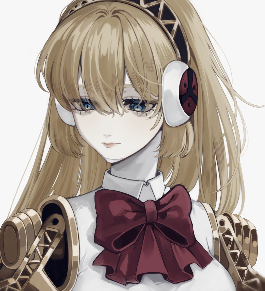 1girl, aegis_(persona), alixa_diane, android, blonde_hair, blue_eyes, boukoku_no_aegis, bow, hairband, headphones, highres, joints, persona, persona_3, robot_joints, short_hair, solo