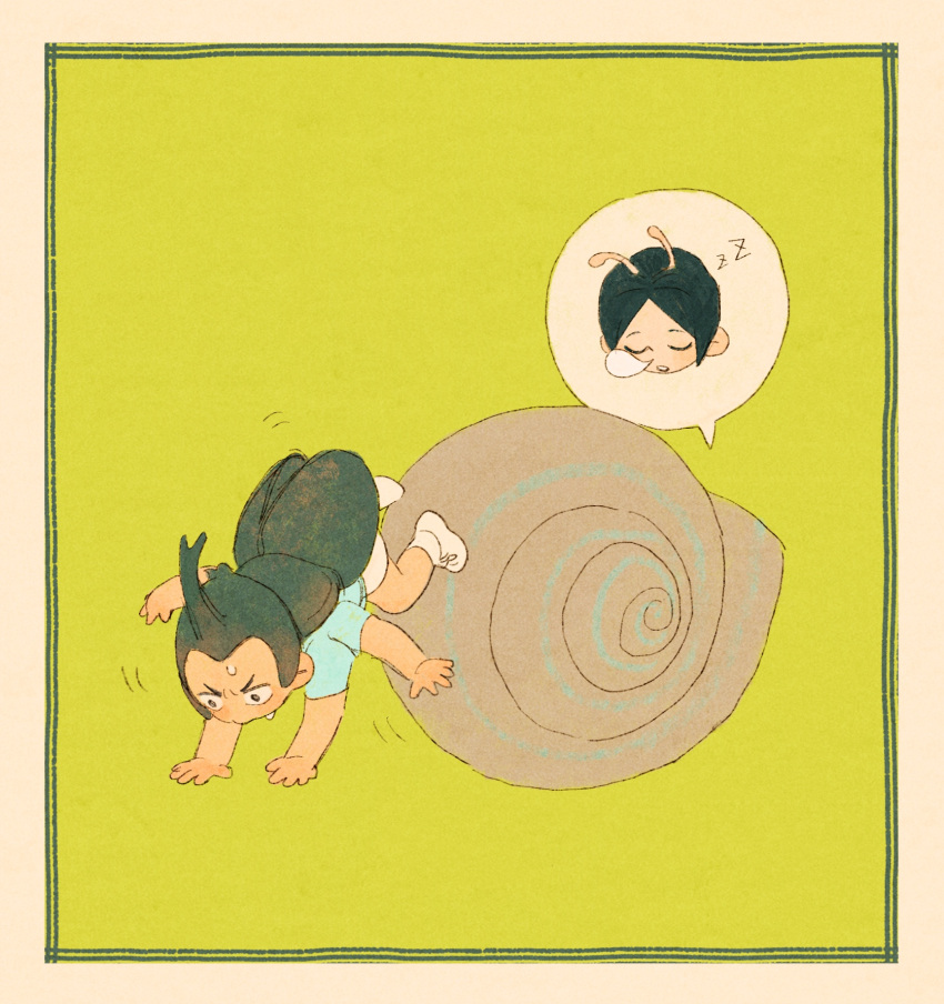 2boys, antennae, beetle_boy, black_eyes, black_hair, blue_shirt, carapace, character_request, chengongzi123, closed_eyes, commentary, deformed, extra_arms, green_background, haikyuu!!, handstand, highres, male_focus, monsterification, multiple_boys, nose_bubble, open_mouth, shell, shirt, shoes, short_hair, shorts, simple_background, sleeping, snail_boy, snail_shell, symbol-only_commentary, very_short_hair, white_footwear, white_shorts, zzz