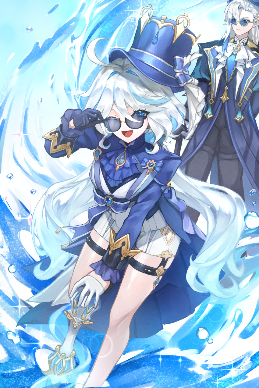 1boy, 1girl, absurdres, ahoge, black_gloves, blue_hair, blue_hat, blue_suit, breasts, cane, commentary, furina_(genshin_impact), genshin_impact, gloves, hat, highres, holding, holding_cane, multicolored_hair, neuvillette_(genshin_impact), open_mouth, small_breasts, smile, suit, sunglasses, sword, thighs, top_hat, umeo_(pixiv51103813), water, weapon, white_gloves, white_hair