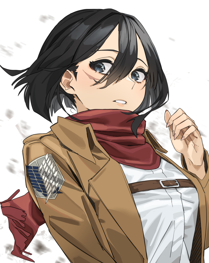 1girl, absurdres, belt, black_eyes, black_hair, brown_jacket, emblem, highres