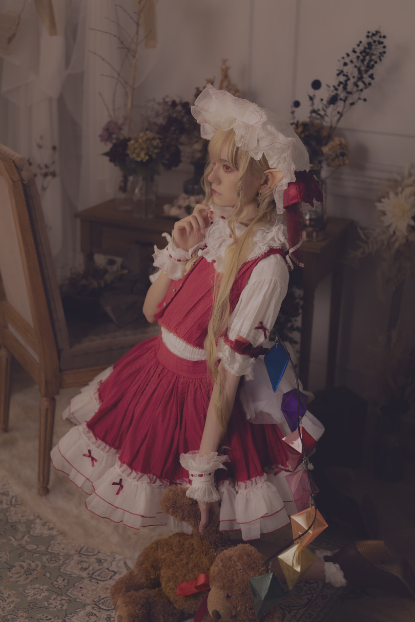 1girl, absurdres, blonde_hair, bobby_socks, brown_footwear, cosplay_photo, flandre_scarlet, from_side