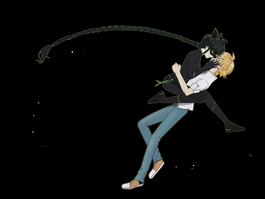 1boy, 1girl, adrien_agreste, animal_ears, black_background, black_bodysuit, black_hair, black_mask