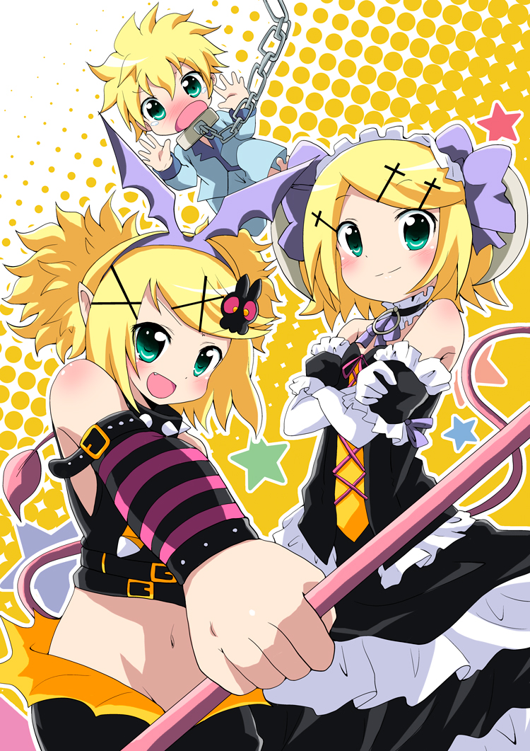 bare_shoulders, bat_ears, blonde_hair, blue_eyes, chain, crossed_arms, hair_ornament, hairclip, head_wings, headband, horns, kagamine_len, kagamine_rin, massala, midriff, mound_of_venus, navel, pretty_panties_akuma_rin_(vocaloid), siblings, staff, tail, twins, vocaloid