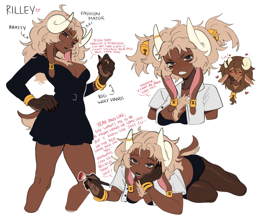1girl, absurdres, animal_hands, bare_legs, bell, belt, black_belt, black_dress, black_eyes, black_skirt, blonde_hair, curled_horns, dress, english_text, fang, floppy_ears, gold_bracelet, hair_bell, hair_ornament, hand_on_own_hip, head_on_hand, highres, holding_makeup_brush, horns, long_hair, looking_at_viewer, lying, makeup_brush, messy_hair, mole, mole_under_eye, multiple_bracelets, multiple_views, on_stomach, open_clothes, open_mouth, open_shirt, original, pantyhose, porqueloin, rilley_gamela_(porqueloin), rosanna_gamela_(porqueloin), shirt, short_dress, skin_fang, skirt, solo_focus, talking, tearing_up, twintails, white_horns, white_shirt